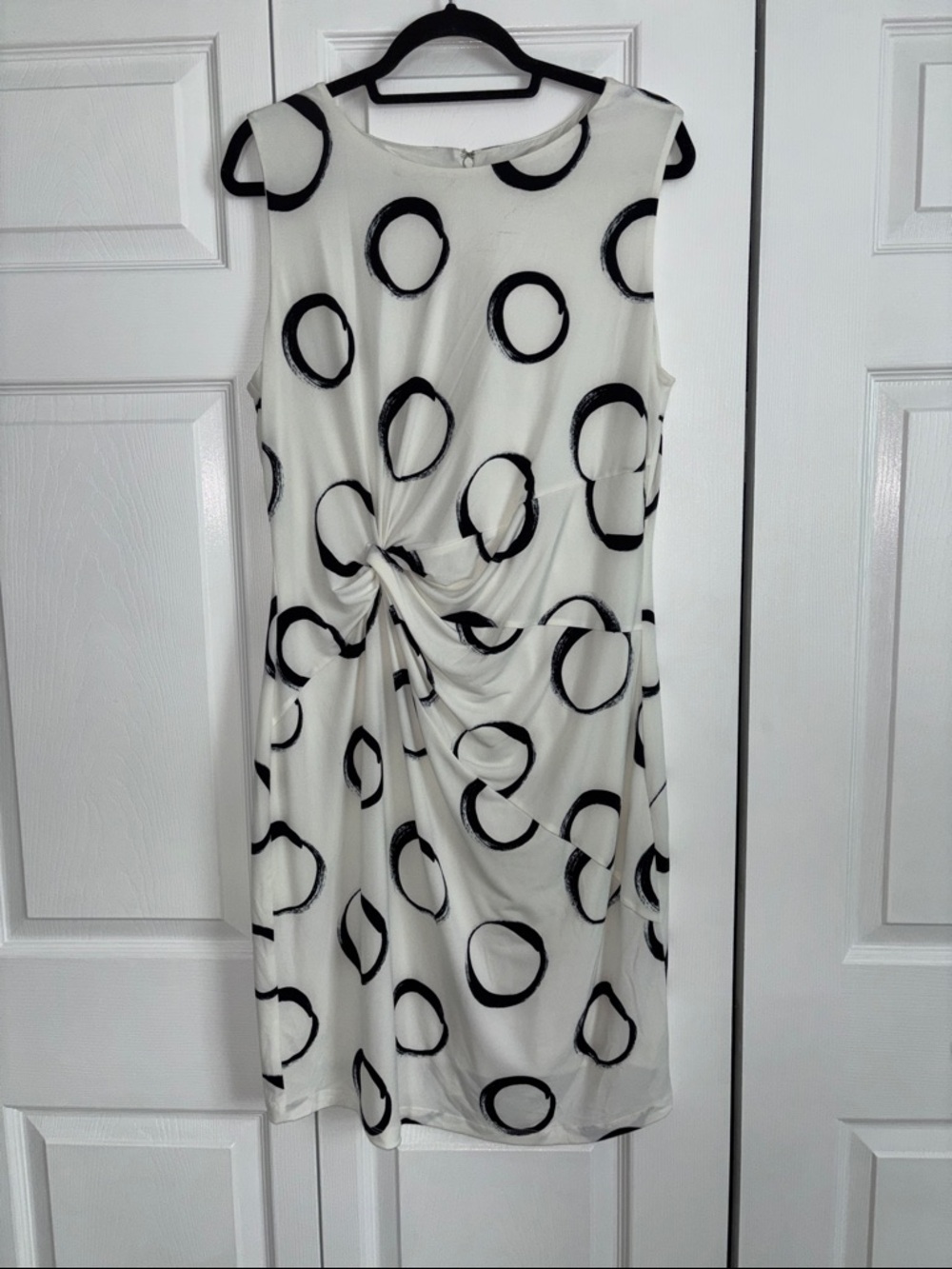 DKNY White Midi Dress with Black Circle Print and Front Twist